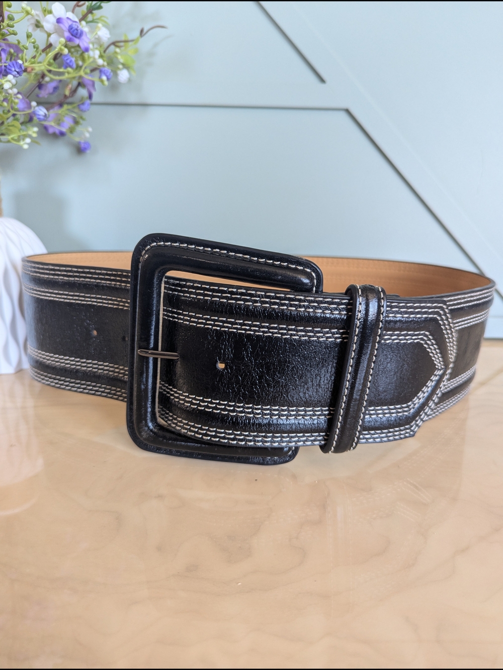 Worth Black Leather Belt with White Contrast Stitching